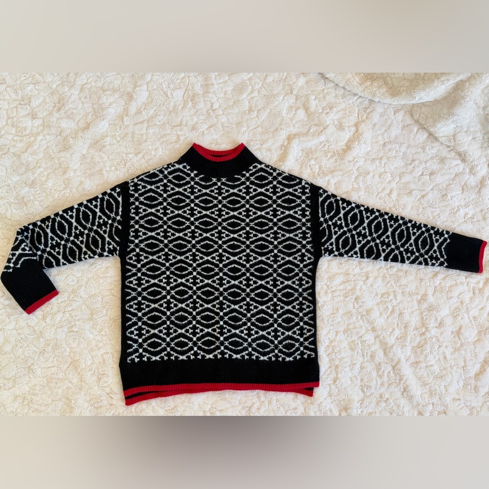 Talbots Black and White Geometric Sweater with Red Accents - Picture 2 of 7